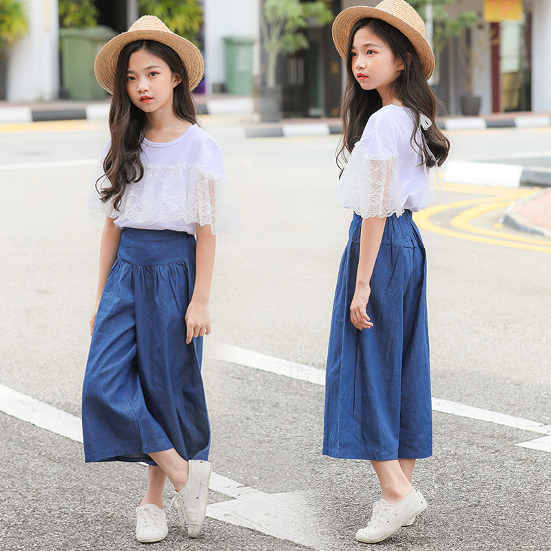 Girl Fashion Suit Summer 2019 New Korean Version Girl Foreign Lace T-shirt Jeans Wide Pants Two Sets