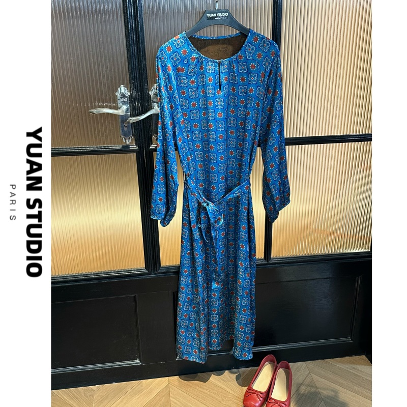 【Blue Garden Dream】100% Rayon Xiangyun Silk Floral Long Sleeve Loose Dress for Women