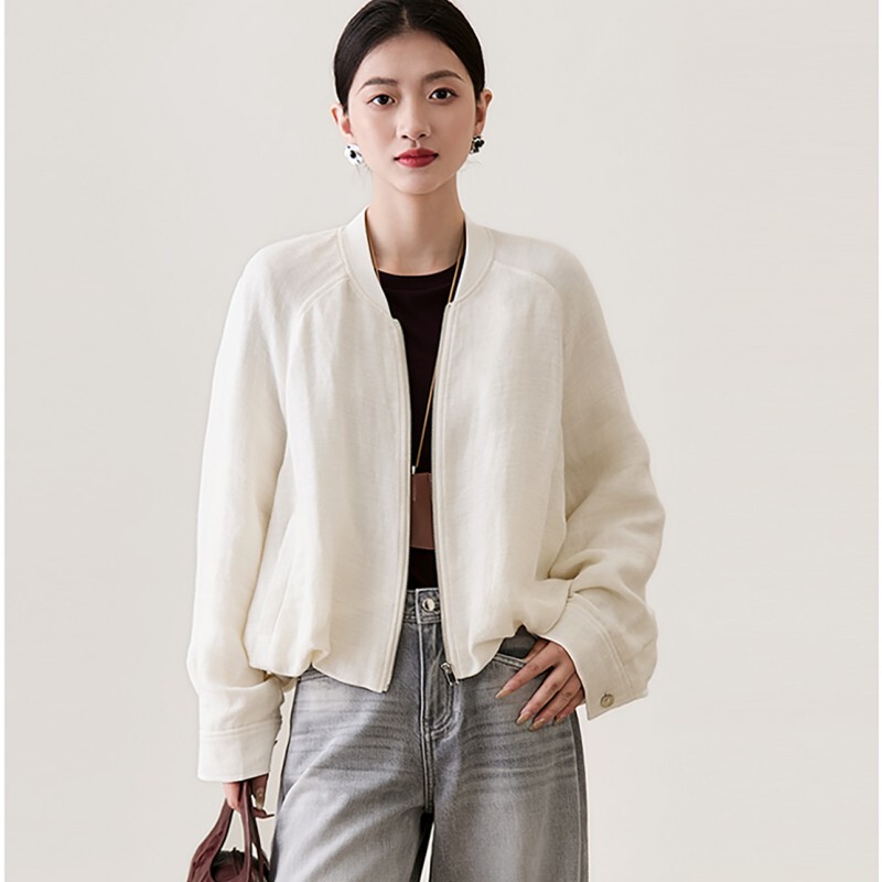 Authentic Store Product Gejia 2026 Spring and Autumn Style Shiny Linen Floral Loose Cloud Baseball Collar Zipper Jacket for Women