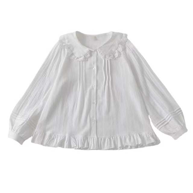 Stepping into the Milky Way Japanese cute age-reducing fungus side doll collar long-sleeved shirt white bottoming lace shirt spring