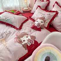 Little cute 60 long staple cotton satin four-piece cotton cotton girl heart embroidery quilt cover sheets bedding