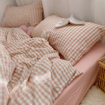 Cotton water washing cotton bed four-piece cotton 100 Plaid quilt cover cover sheets dormitory three-piece set four seasons Universal