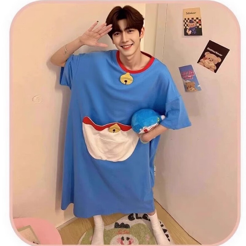 Summer Men's Nightgown, All-Cotton, Plus Size, Oversized Pajamas, Long Robe, Short-Sleeved, Thin, Loungewear for Big Guys
