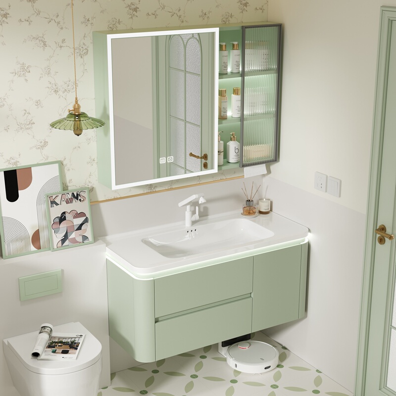 Green Honeycomb Aluminum Bathroom Cabinet Set with Curved Ceramic Integrated Basin, Hidden Sliding Mirror Cabinet, and Washbasin Green Honeycomb Aluminum Bathroom Cabinet Set with Curved Ceramic Integrated Basin, Hidden Sliding Mirror Cabinet, and Washbasin