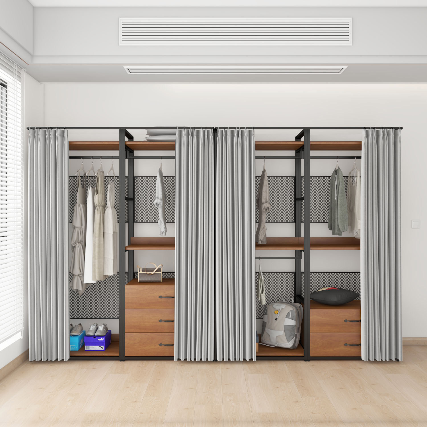 Open cloakroom simple solid wood hanger with curtain metal rack bedroom floor-to-ceiling coat rack wardrobe combination