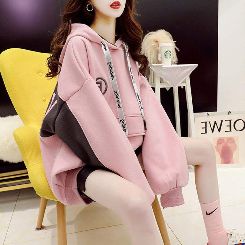 Hong Kong tide brand plus velvet thickened color-blocking hooded sweatshirt women's winter Korean version of the design sense loose and versatile super-fire jacket