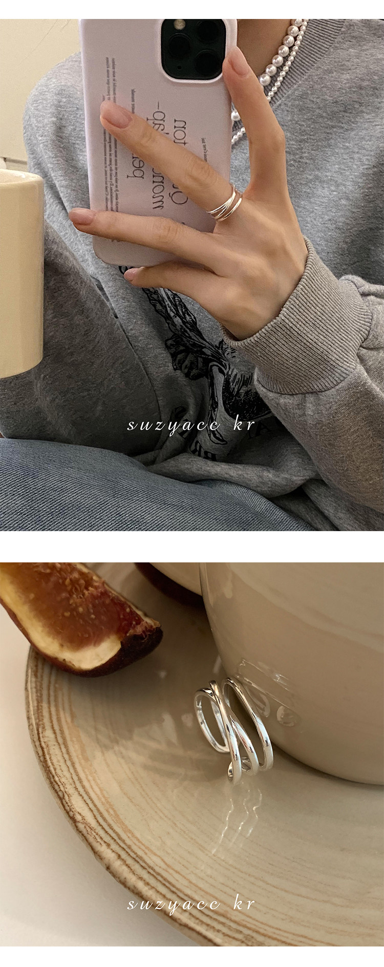 银饰戒指 suzyacc kr韩国简约小众设计感纯银交叉戒指时尚个性食指戒可调节