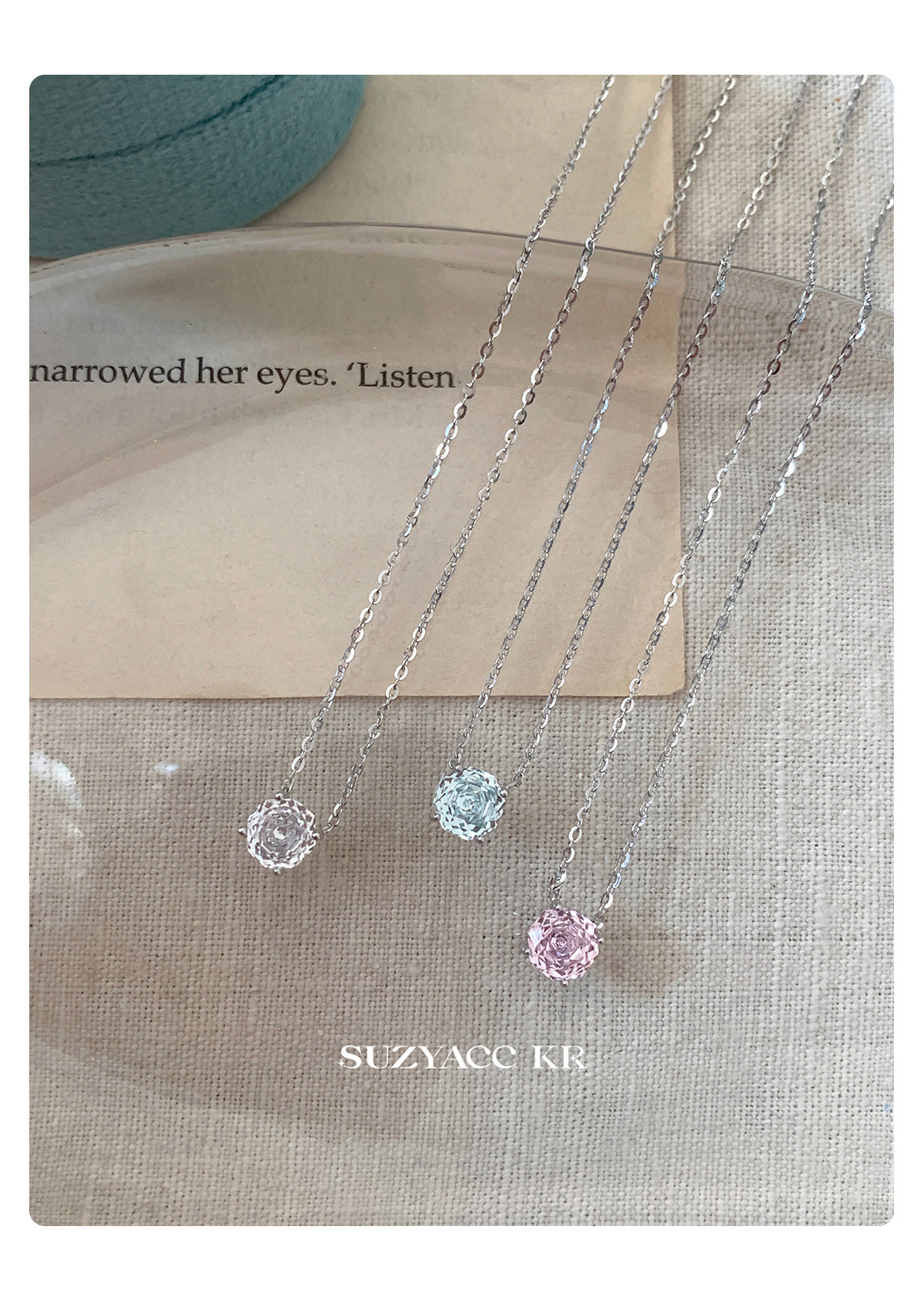 Серебряное ожерелье suzyacc kr玫瑰花切合成锆石项链纯银锁骨链女2025新复古小众颈链