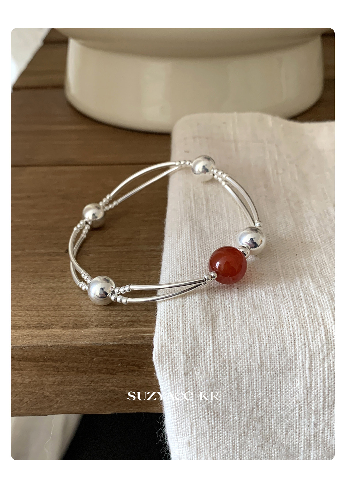 银饰手链 suzyacc kr轻奢简约红玛瑙纯银双层手链女早秋复古气质高级感手饰