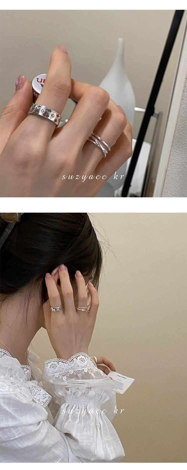 银饰戒指 suzyacc kr韩国简约小众设计感纯银交叉戒指时尚个性食指戒可调节