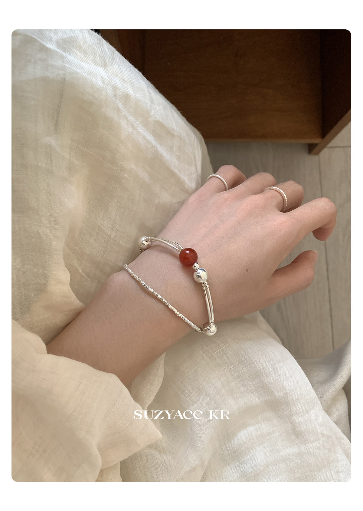 银饰手链 suzyacc kr轻奢简约红玛瑙纯银双层手链女早秋复古气质高级感手饰