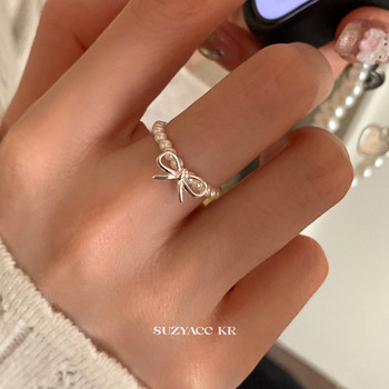 Suzyacc kr sterling silver bow imitation pearl ring elastic light luxury temperament high-end index finger ring adjustable