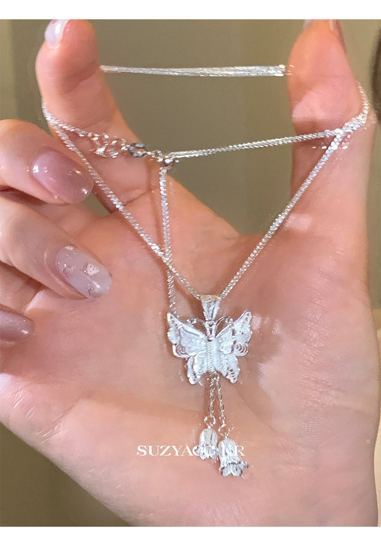 Серебряное ожерелье suzyacc kr纯银铃兰吊坠蝴蝶项链轻奢小众高级感锁骨链2024新款