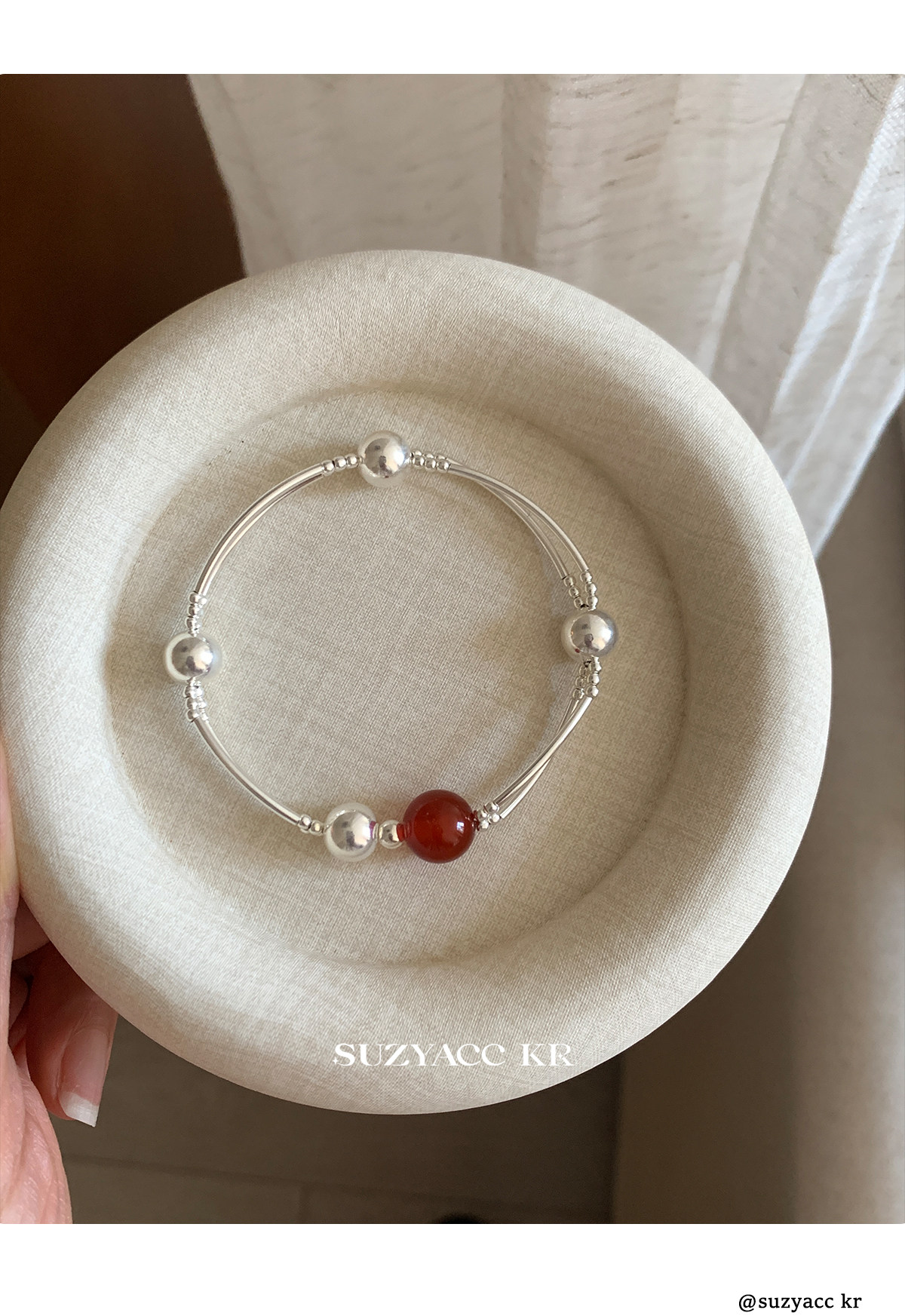 银饰手链 suzyacc kr轻奢简约红玛瑙纯银双层手链女早秋复古气质高级感手饰