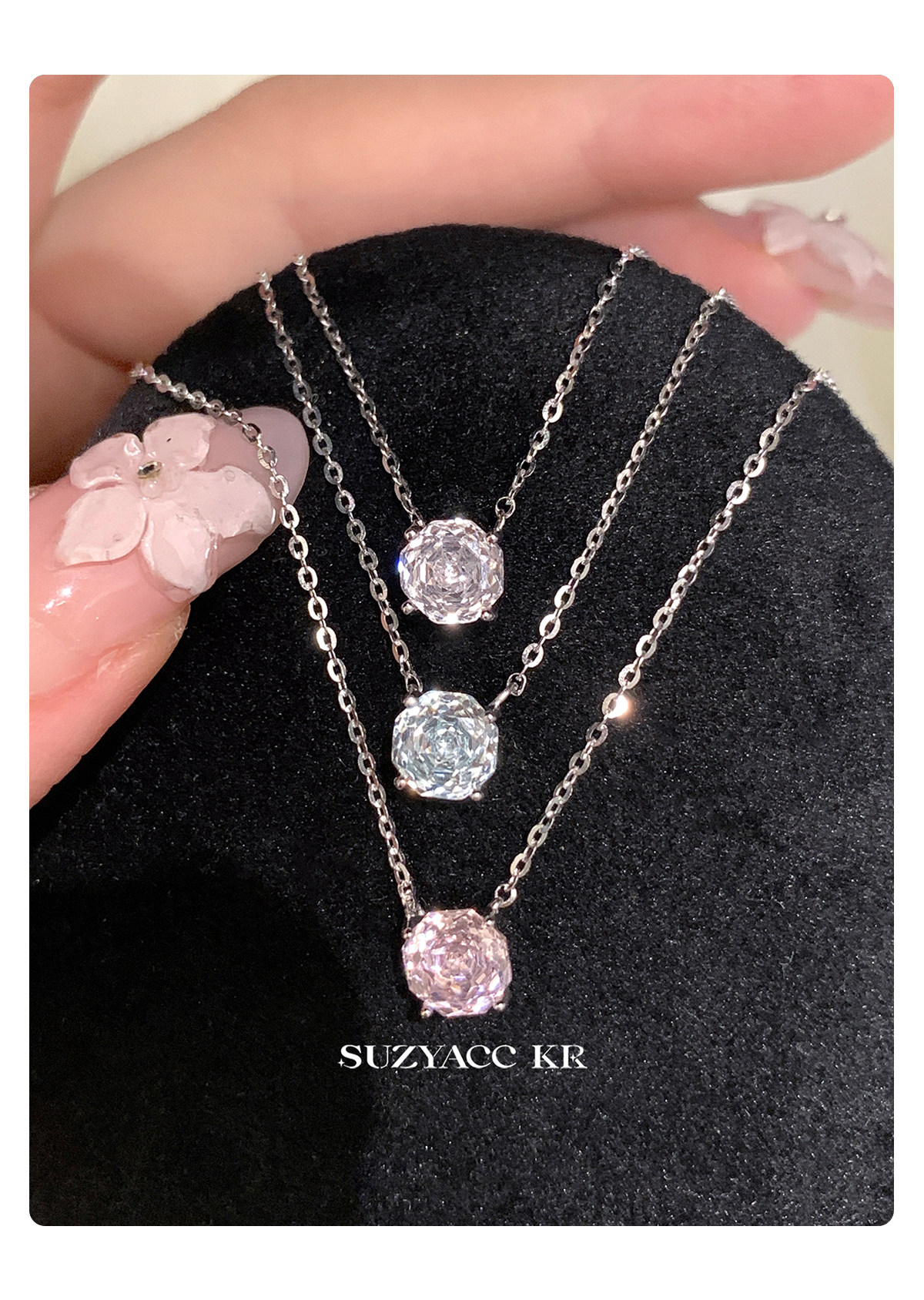 Серебряное ожерелье suzyacc kr玫瑰花切合成锆石项链纯银锁骨链女2025新复古小众颈链