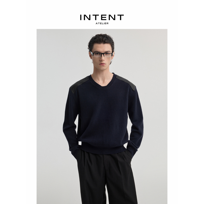 Intent V Neck Wool Leather Patchwork Knitted Pullover Long-Sleeved Sweater Intent V Neck Wool Leather Patchwork Knitted Pullover Long-Sleeved Sweater