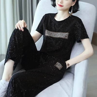 单/套装 欧洲站上衣阔腿裤套装女2021夏季女装新款时尚洋气两件套