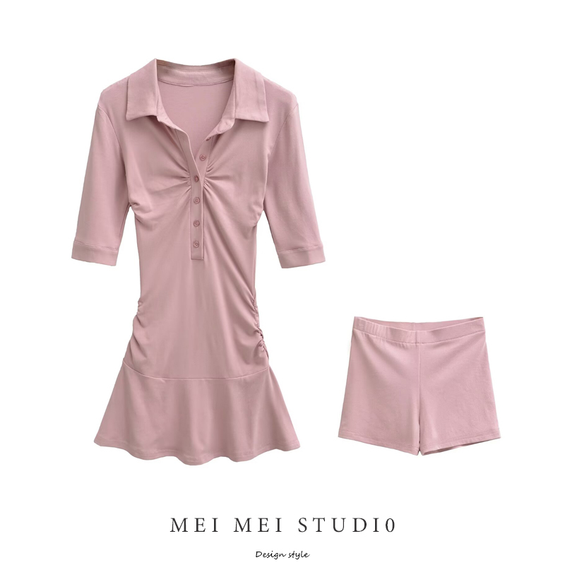 Hot Girl Sexy Lapel Mid-Sleeve Dress for Women, New Spring Style, Waist-Cinching Slimming A-Line Short Skirt and Shorts Two-Piece Set