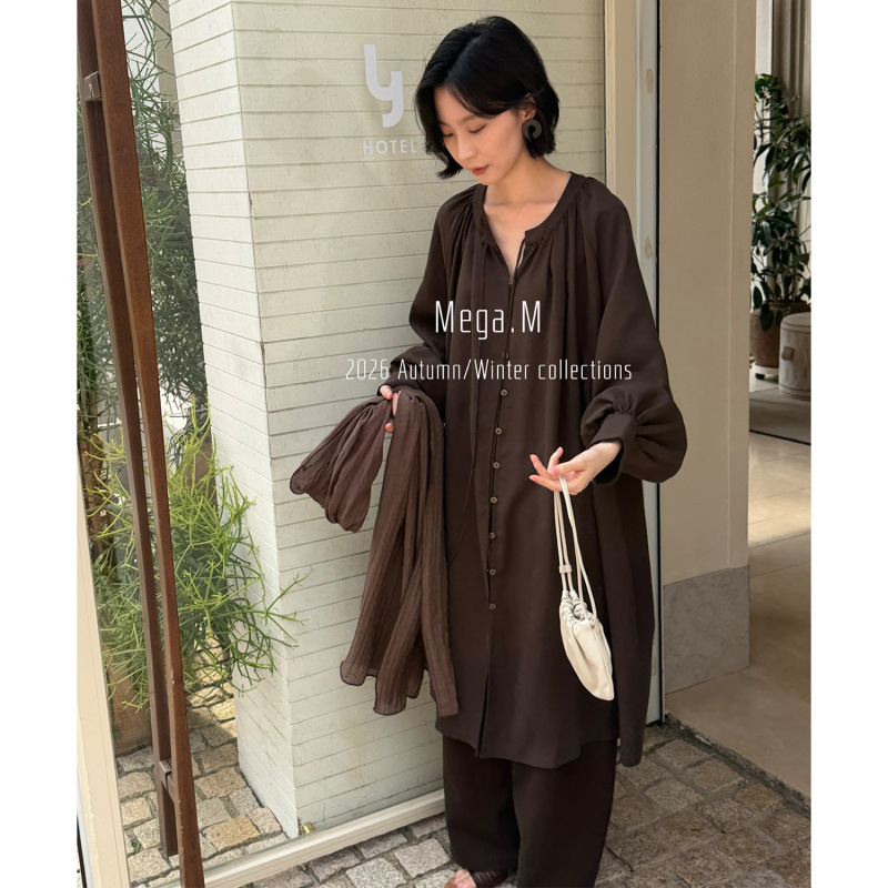 Margemeng Round Neck Single-Breasted Two-Way Tie Shirt Dress Women's 2026 Autumn New Long Sleeve Dress