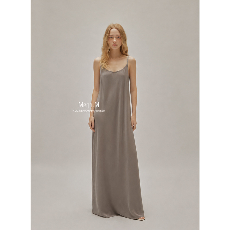 Margemeng Glossy Minimalist Strap Dress Women's 2026 Autumn New Korean Style Mid-Length Dress