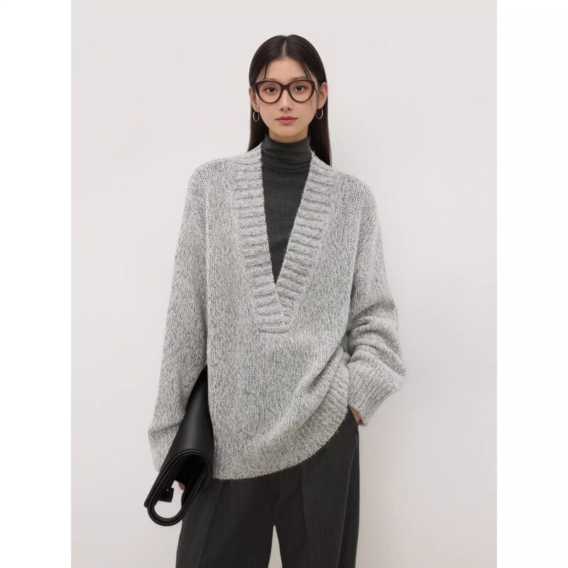 Lin Zilai Lyocell + Wool Marble Pattern Interwoven Yarn Vintage Casual Chunky Knit V-Neck Sweater Single Piece Solid Color Knitwear