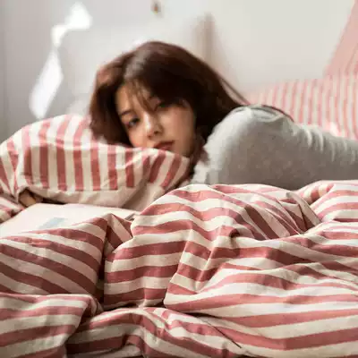 Super Soft Nude Sleeping Knitted Tianzhu Cotton Four-piece Cotton Japanese Striped Pure Color Cotton quilt cover Three-piece Bed