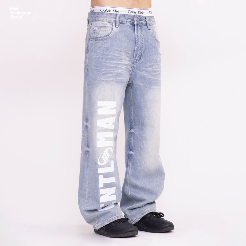 Madgentlemangroup American-Style Loose Straight-Leg Jeans with Letter Print, Original Wide-Leg Pants for Men and Women