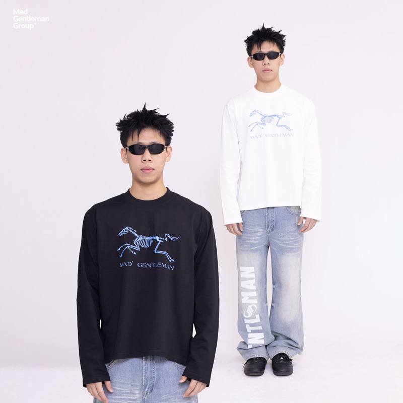 Mgg American Retro Fun Skull Horse Print Cleanfit Spring Base Long-Sleeve T-Shirt Unisex