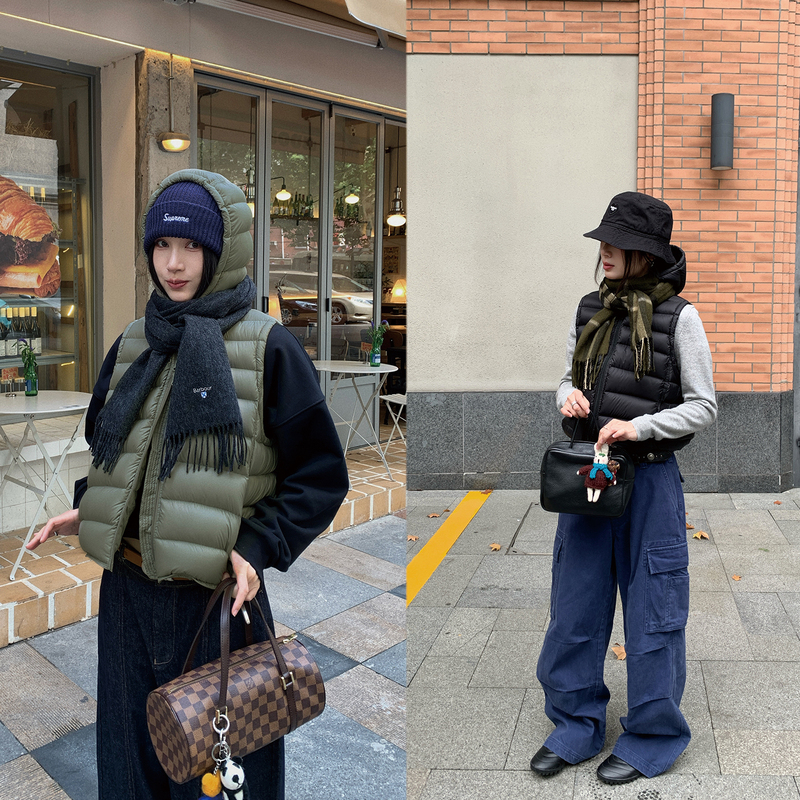 7Am10Pm Volcanic Rock Heating Yarn Samsung 90 White Duck down Vest for Women Ribbed Hooded down Jacket Vest Coat