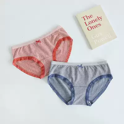 Japanese comfortable stretch plaid hip bag breathable contrast seamless lace mid-waist girl underwear women's triangle safety pants