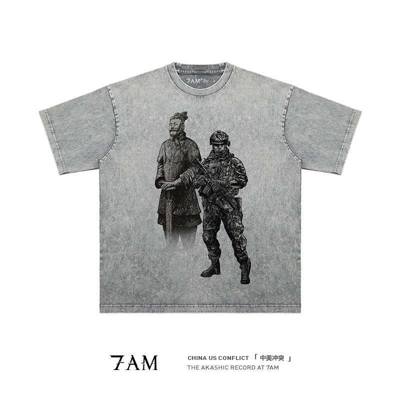 7Am- Chinese and American Cultural Philosophy Niche Washed Vintage Pure Cotton Loose Short-Sleeve T-Shirt ins High Street