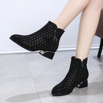 Rhinestone Hollow Leather Short Boots 2022 Summer Popular Large Size Womens Shoes Round Toe Thick Heel All-match Martin Boots Mesh Sandals