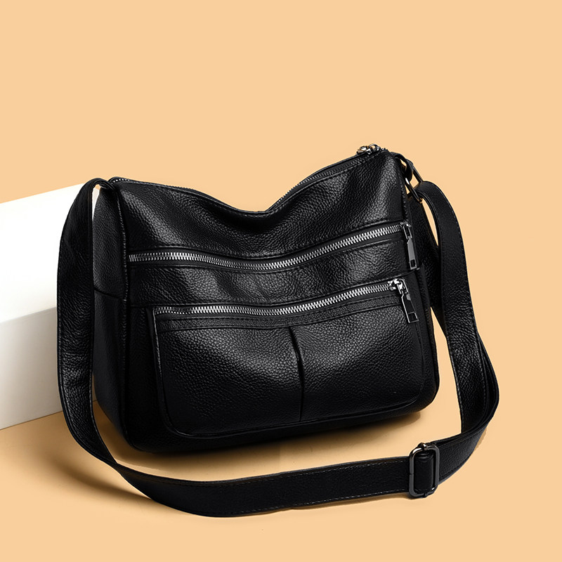 Tidal Genuine Leather Women Bag Han Edition Fashion Multilayer Soft Leather Skew Satchel 100 Hitch Large Capacity Multi-Pocket Single Shoulder Mom Bag