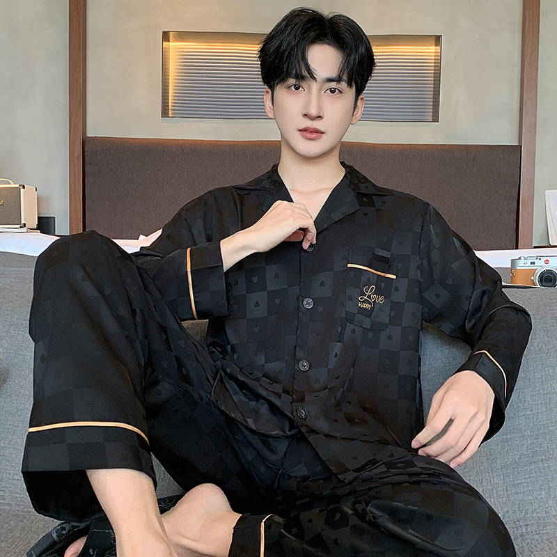Men's Silk Pajamas, Summer and Spring/Autumn Thin Style, Plus Size, Long-Sleeve Set, Loungewear