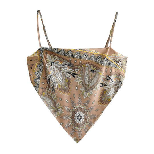 欧美风女装新款显瘦肚兜式复古花色印花一字肩小背心系带抹胸上衣