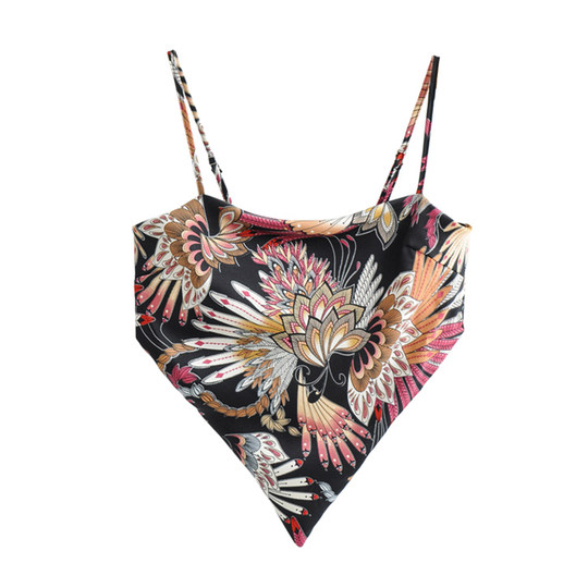 欧美风女装新款显瘦肚兜式复古花色印花一字肩小背心系带抹胸上衣