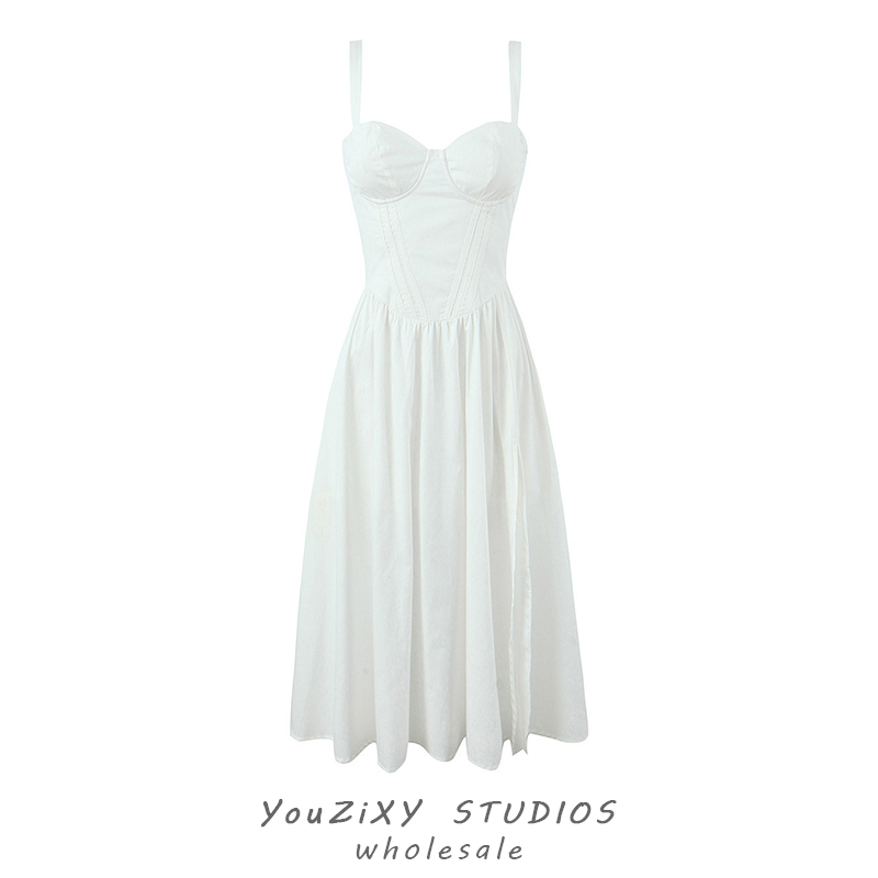French Sweet Style ins Blogger Style Three-Dimensional Underwire Side Slit White Waist-Cinching Mid-Length Sundress Dress for Women