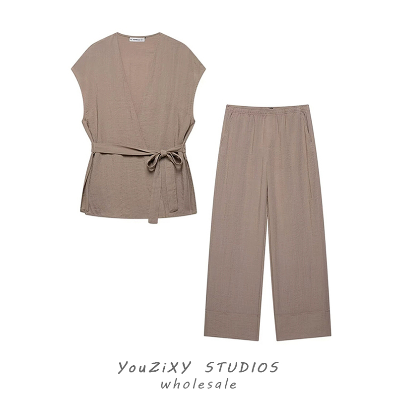 European and American New Women's Fashion V-Neck Sleeveless Kimono-Style Vest with Belt Top + Pajama-Style Wide-Leg Pants Set European and American New Women's Fashion V-Neck Sleeveless Kimono-Style Vest with Belt Top + Pajama-Style Wide-Leg Pants Set