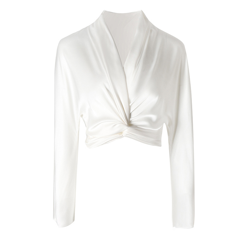 Silky Drape Pearl White Acetate Satin Long-Sleeved Shirt with Waist Twist Tie Elegant and Feminine Shirt # 602