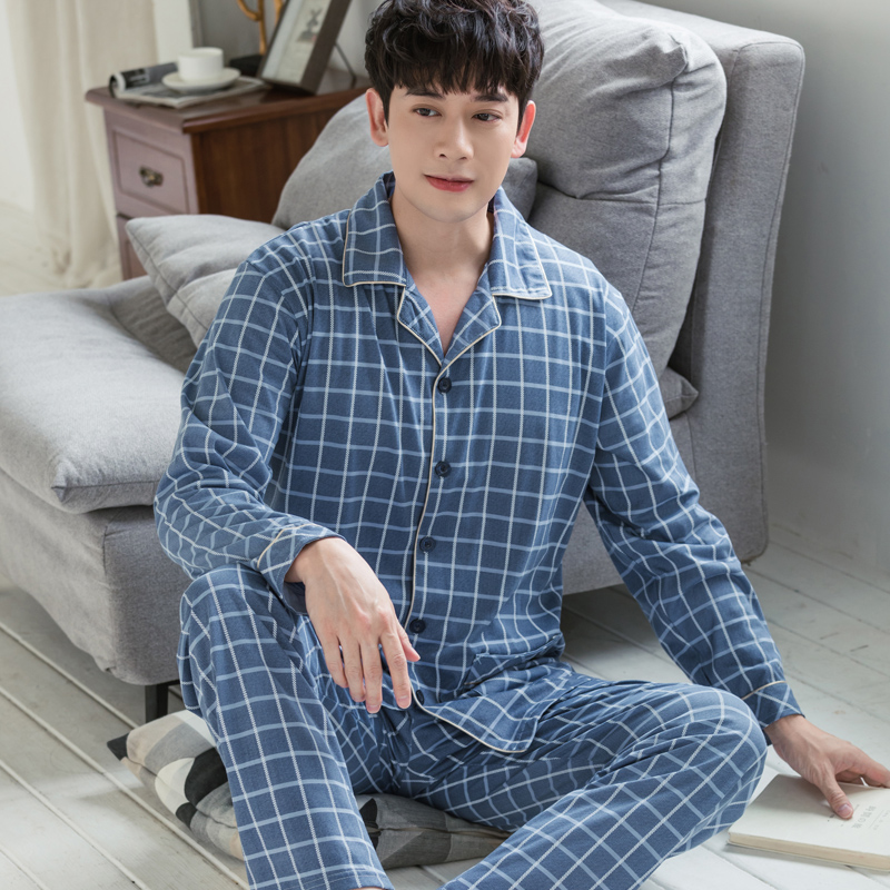 pajamamen trung niên dài tay áo bông mùa xuân mùa thu quần áo nhà mỏng có thể mặc thêm kích thước cha cardigan phù hợp.