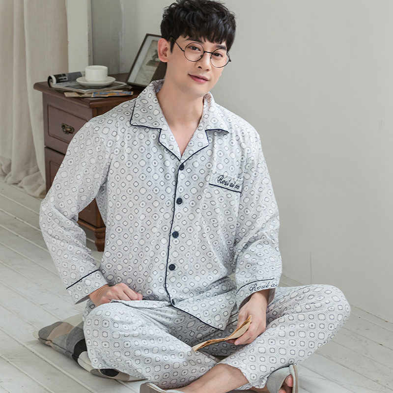 pajamamen trung niên dài tay áo bông mùa xuân mùa thu quần áo nhà mỏng có thể mặc thêm kích thước cha cardigan phù hợp.