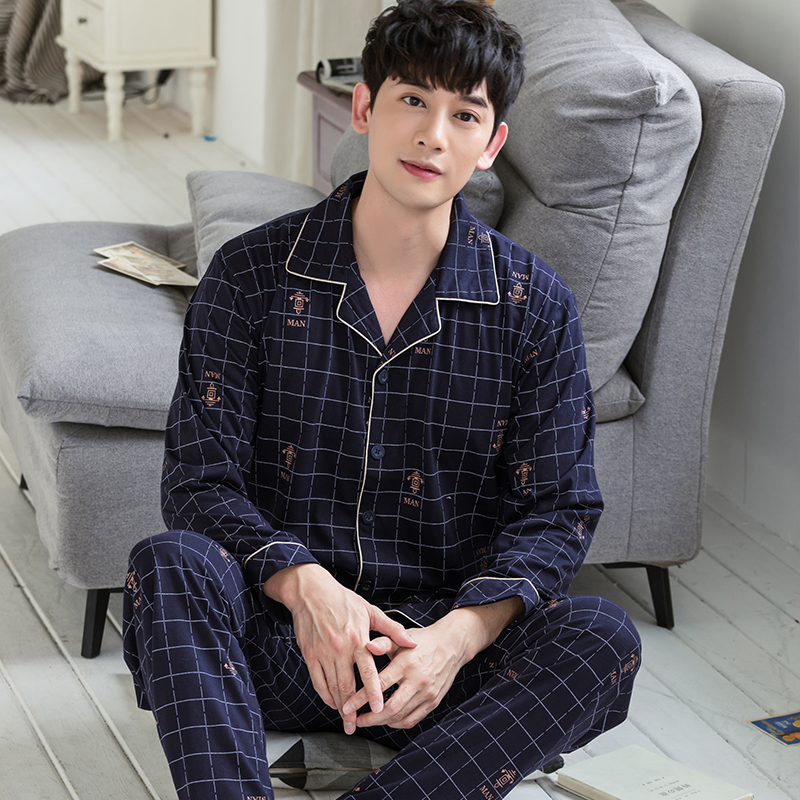 pajamamen trung niên dài tay áo bông mùa xuân mùa thu quần áo nhà mỏng có thể mặc thêm kích thước cha cardigan phù hợp.