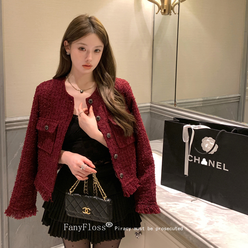 Fanyfloss High-End Red Shiny Woolen Fringed Short Coat for Women, Autumn Socialite Style Woven Top Fanyfloss High-End Red Shiny Woolen Fringed Short Coat for Women, Autumn Socialite Style Woven Top