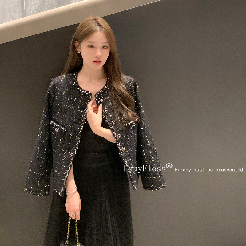 Fanyfloss Tweed Jacket with Gold Foil, Stylish Short Coat for Women, Heavy Wool Suit Cardigan