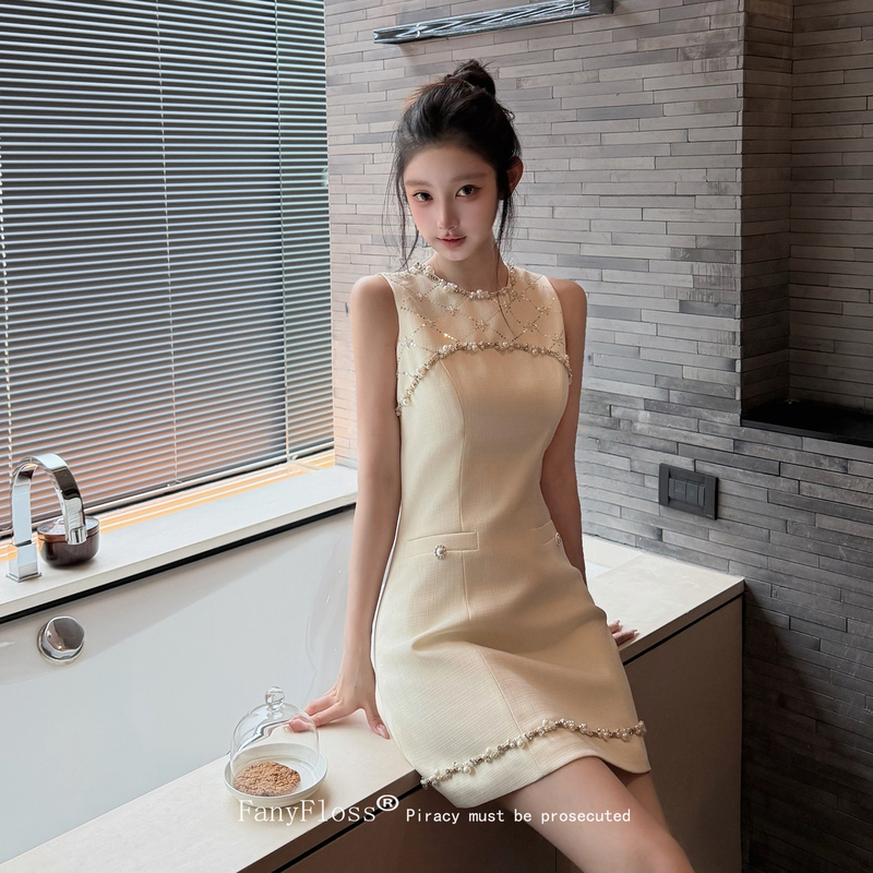 Fanyfloss Socialite-Style Sleeveless Rhinestone-Embellished Vest Dress for Women, Heavily Embellished with Rhinestones, Waist-Cinching Party Dress