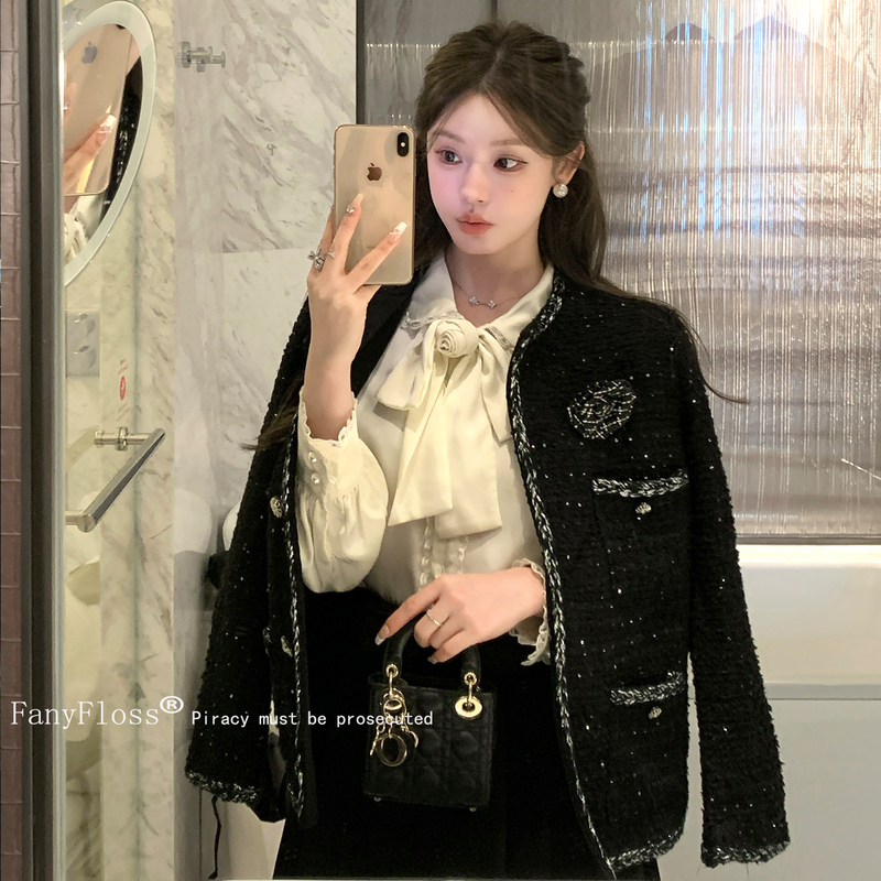 Fanyfloss High-End Black Floral Sequin Tweed Short Jacket, Light Luxury Woven Woolen Blazer