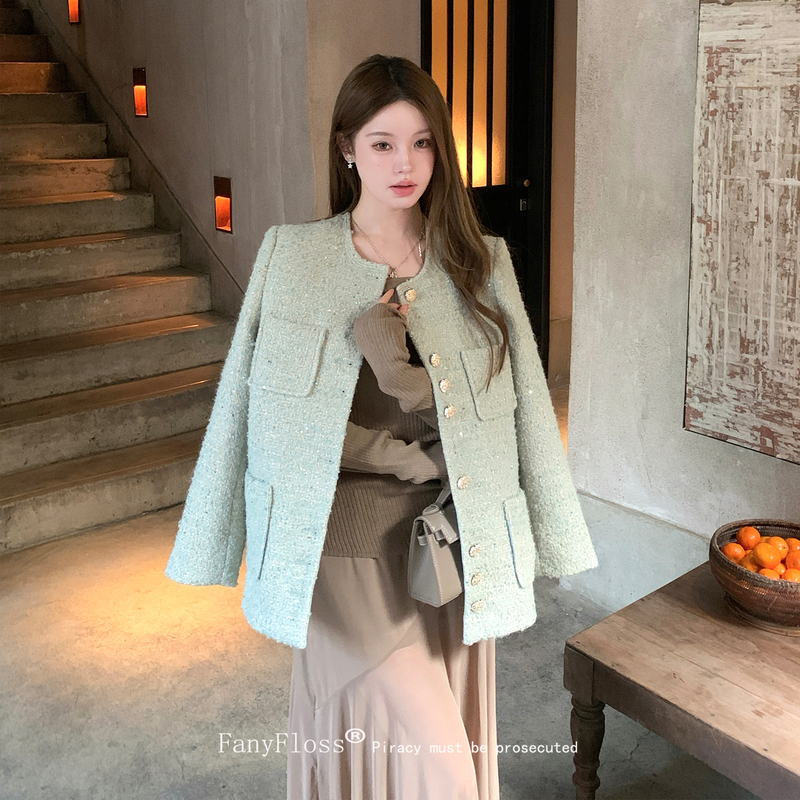 Fanyfloss French-Style Green Fine Glitter Woolen Suit Jacket for Women, Socialite Sequin Tweed Casual Cardigan Fanyfloss French-Style Green Fine Glitter Woolen Suit Jacket for Women, Socialite Sequin Tweed Casual Cardigan