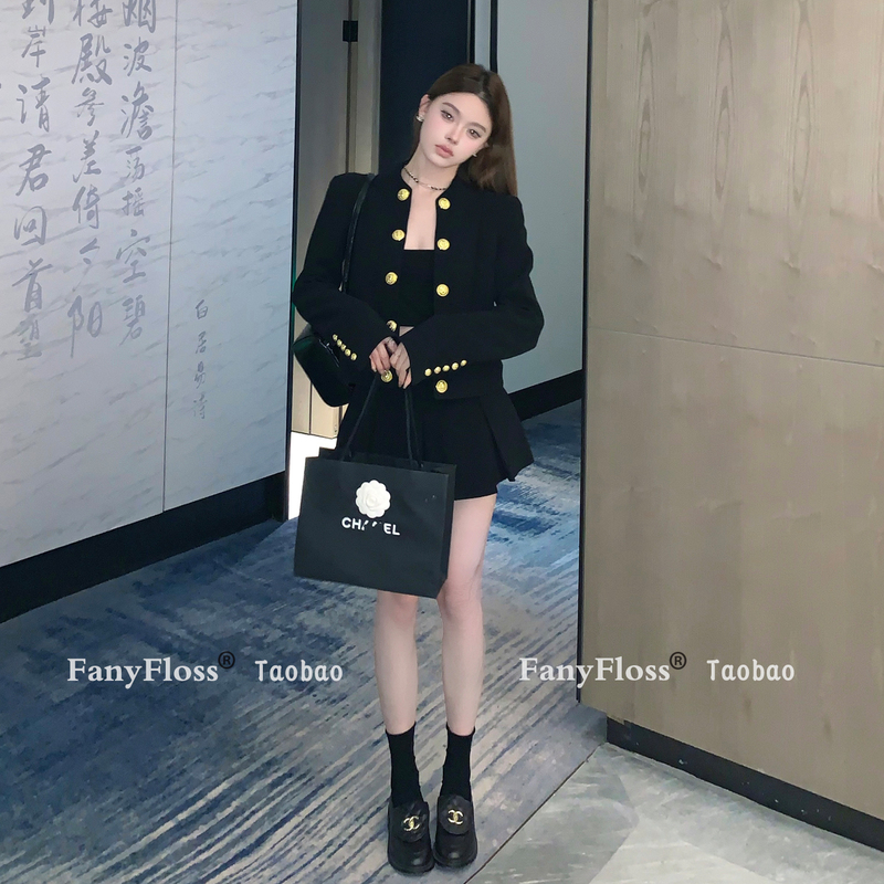 Fanyfloss High-End Double-Breasted Woolen Suit Jacket for Women, Light Luxury Black Casual Cardigan
