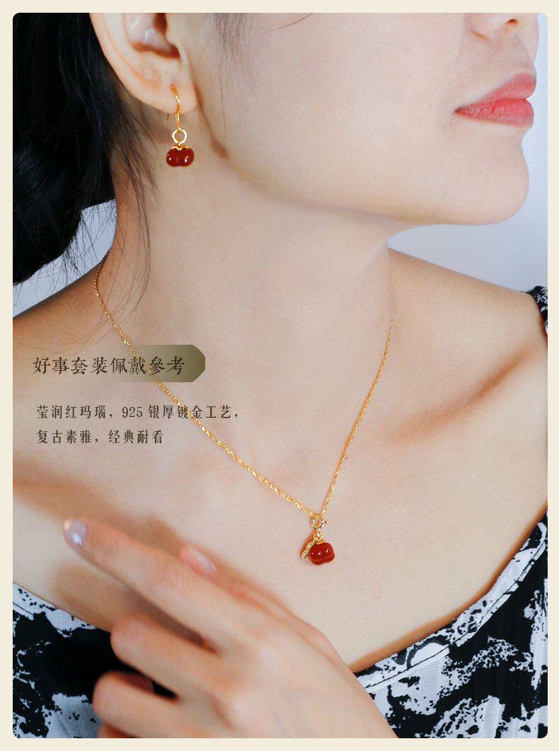 товар из китая 新中式古风汉服耳饰925银镶玉髓耳钩柿柿如意红玛瑙耳环女友礼物