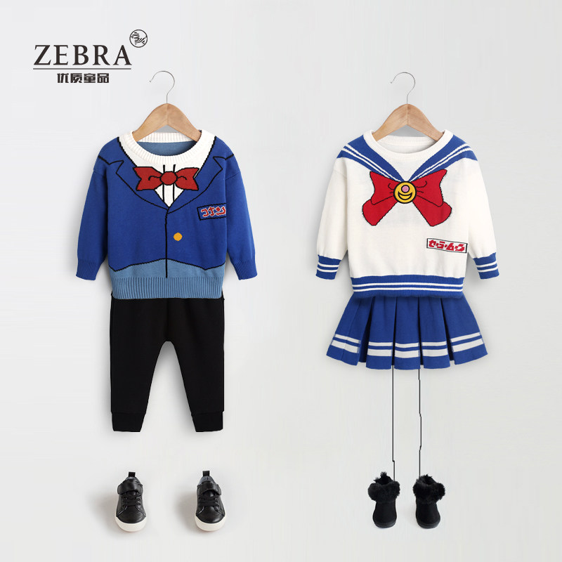 Boys and girls sweaters, sisters, autumn and winter, western style, brothers and sisters, navy girls, knitted sweaters, two-piece set